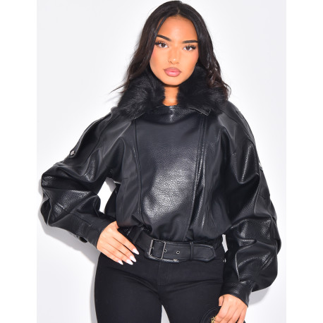 Blouson aviateur en similicuir à col fourrure amovible