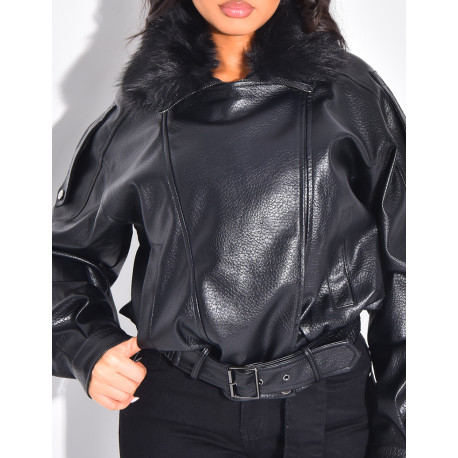 Blouson aviateur en similicuir à col fourrure amovible