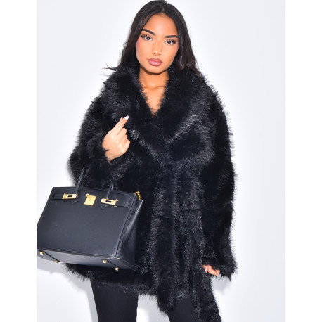 Manteau mi-long en fausse fourrure à ceinture