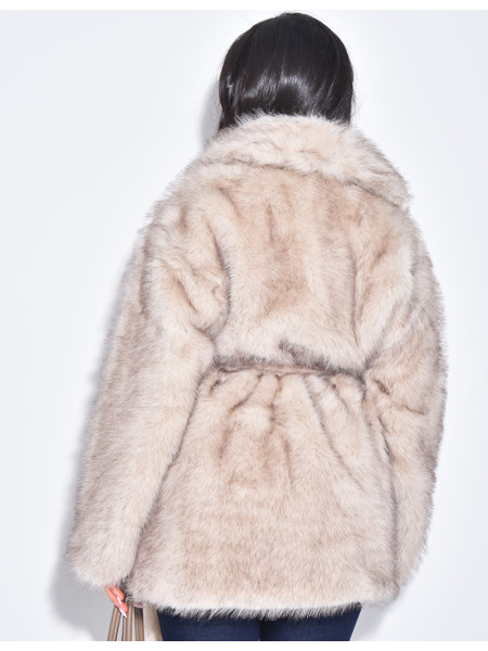 Halblanger Mantel aus Kunstfell mit Gürtel