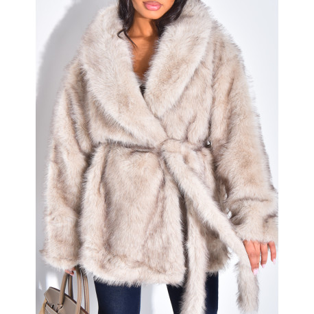 Halblanger Mantel aus Kunstfell mit Gürtel