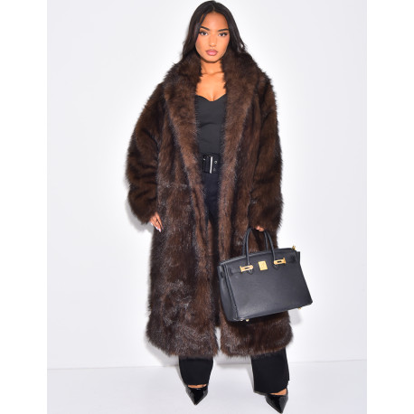 Oversize-Mantel mit warmem, braunem Premium-Pelzbesatz