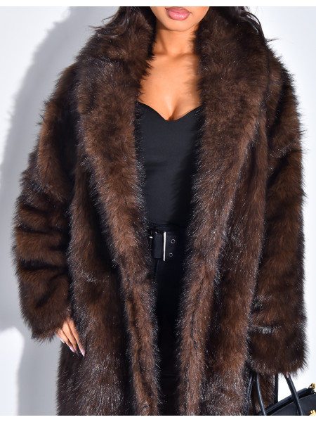 Oversize-Mantel mit warmem, braunem Premium-Pelzbesatz