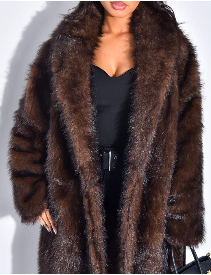 Oversize-Mantel mit warmem, braunem Premium-Pelzbesatz