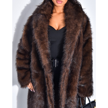 Oversize-Mantel mit warmem, braunem Premium-Pelzbesatz