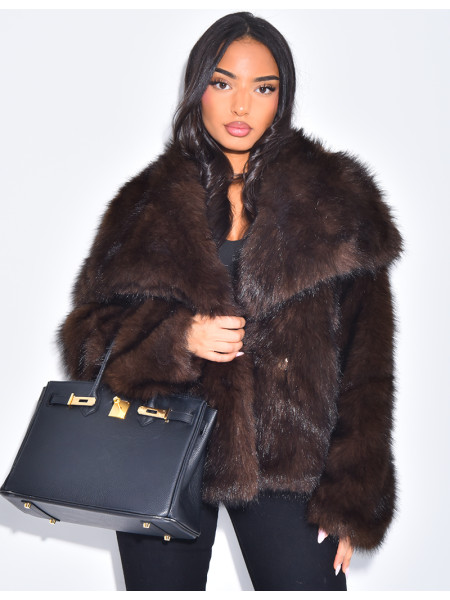 Short jacket in warm brown faux fur