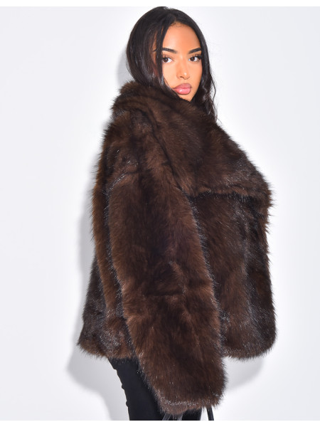 Short jacket in warm brown faux fur