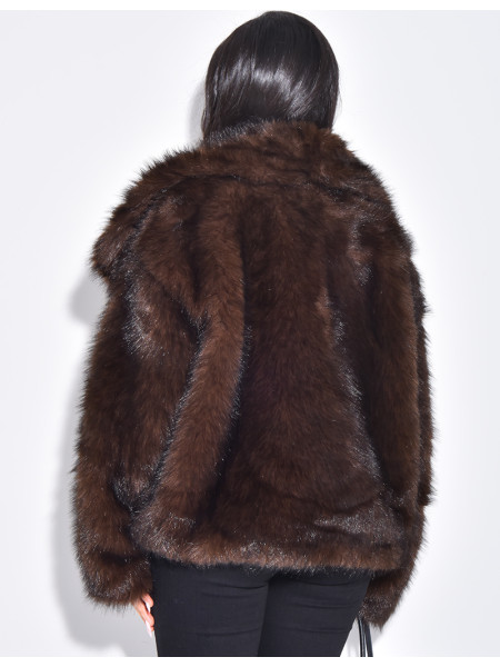Short jacket in warm brown faux fur