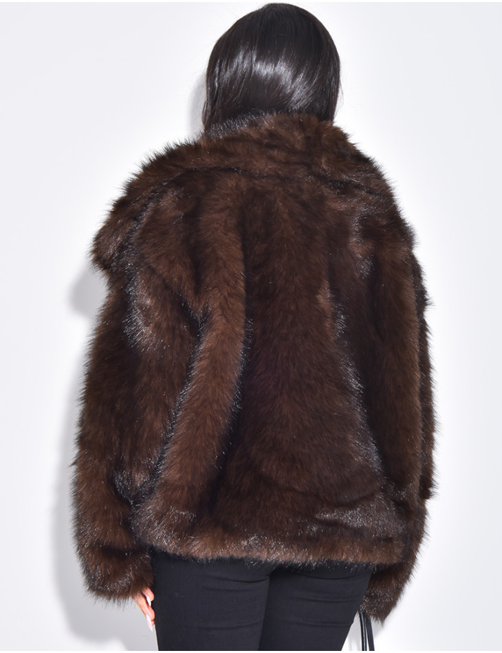 Short jacket in warm brown faux fur