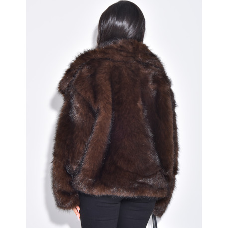 Short jacket in warm brown faux fur