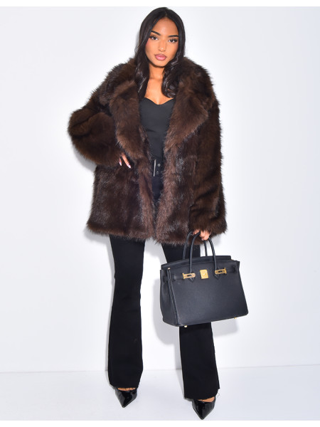 Mid-length coat in warm dark brown faux fur