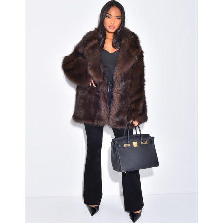 Mid-length coat in warm dark brown faux fur