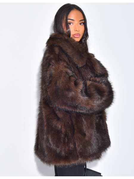 Mid-length coat in warm dark brown faux fur