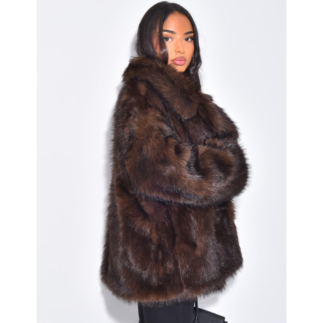 Mid-length coat in warm dark brown faux fur