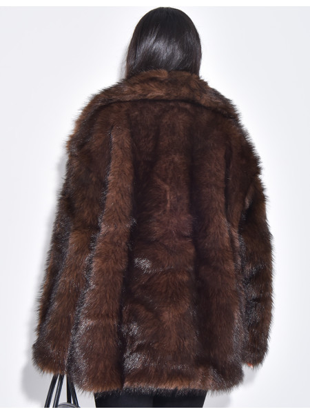 Mid-length coat in warm dark brown faux fur