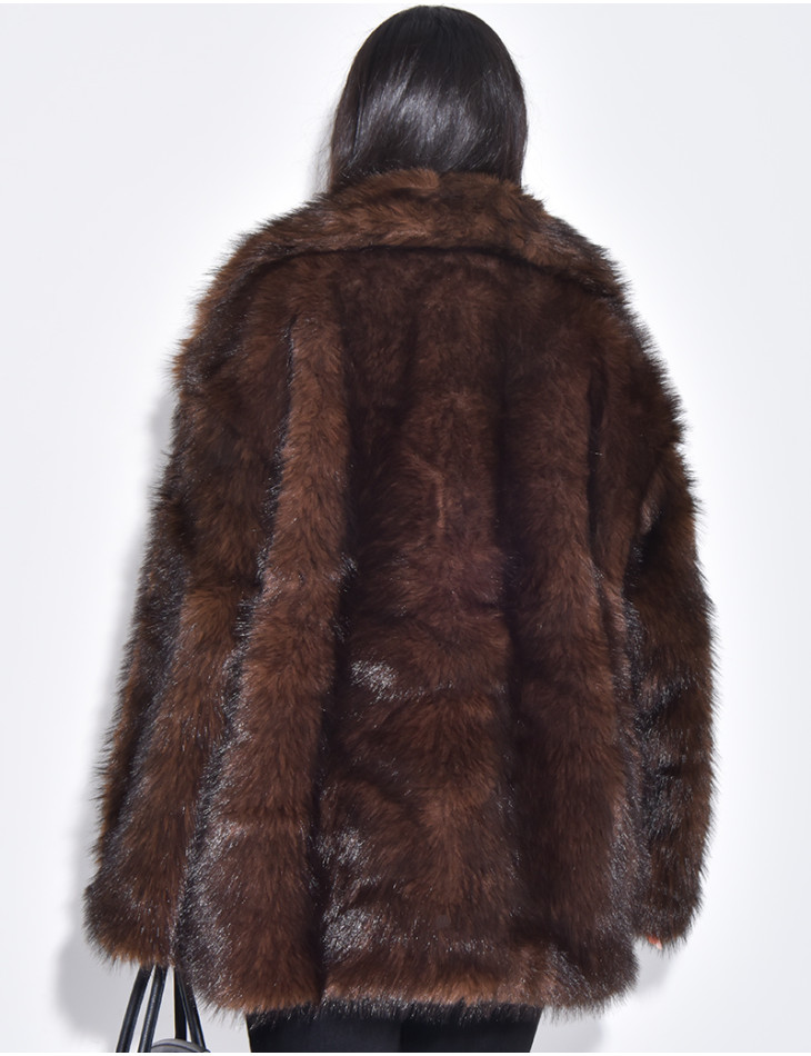 Mid-length coat in warm dark brown faux fur