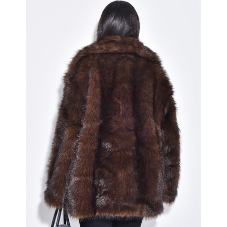 Mid-length coat in warm dark brown faux fur