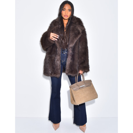 Mid-length coat in cool brown faux fur