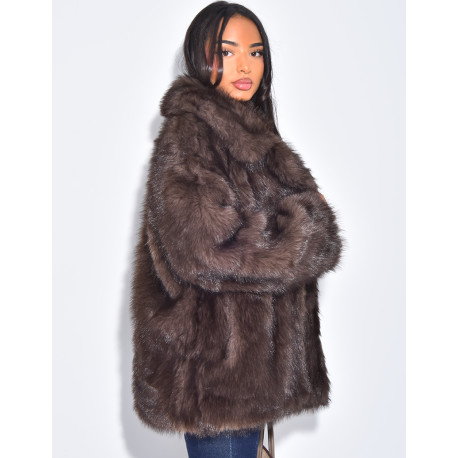 Mid-length coat in cool brown faux fur