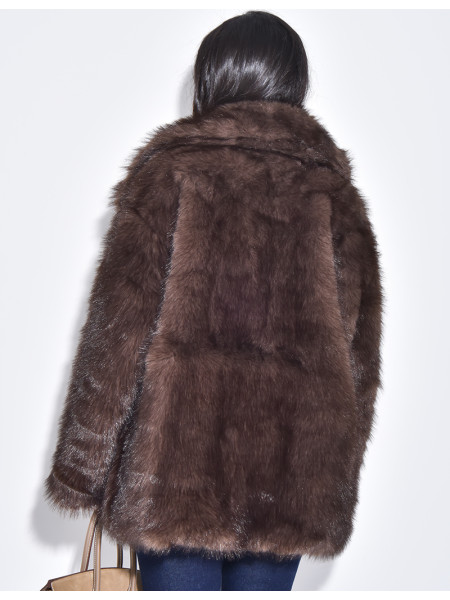 Mid-length coat in cool brown faux fur