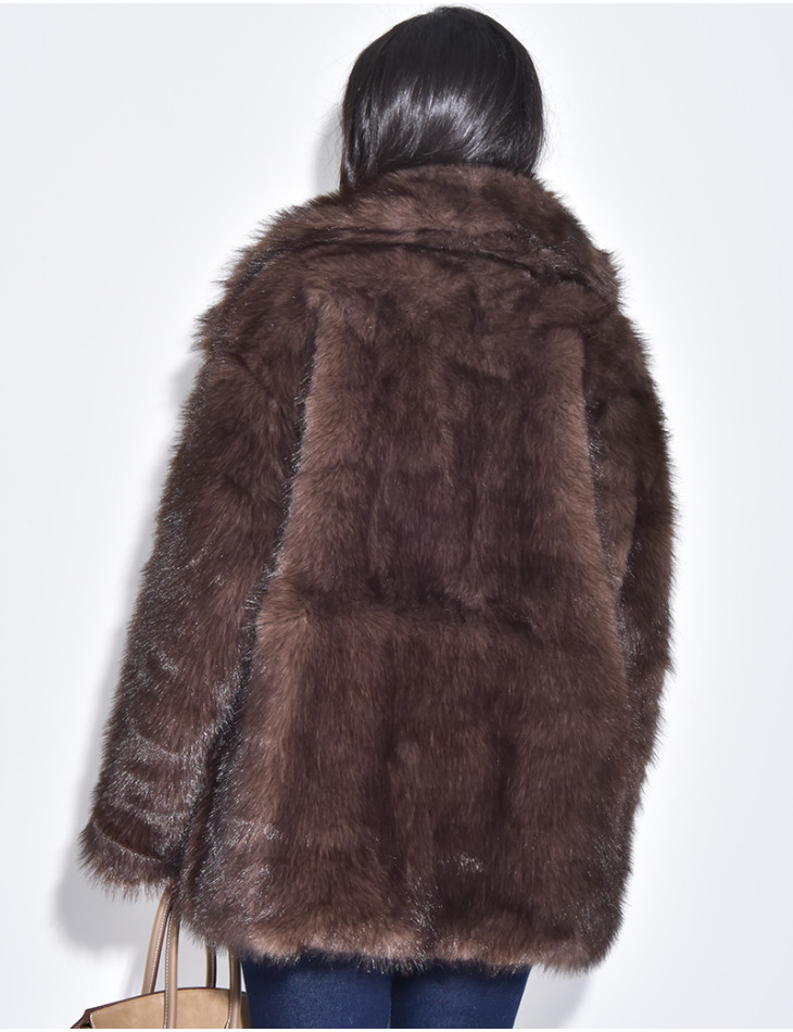 Mid-length coat in cool brown faux fur