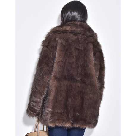 Mid-length coat in cool brown faux fur