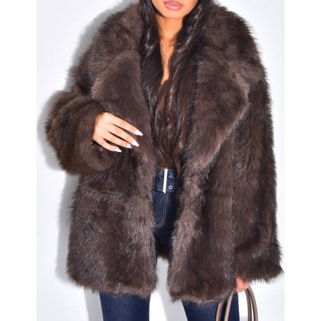 Mid-length coat in cool brown faux fur
