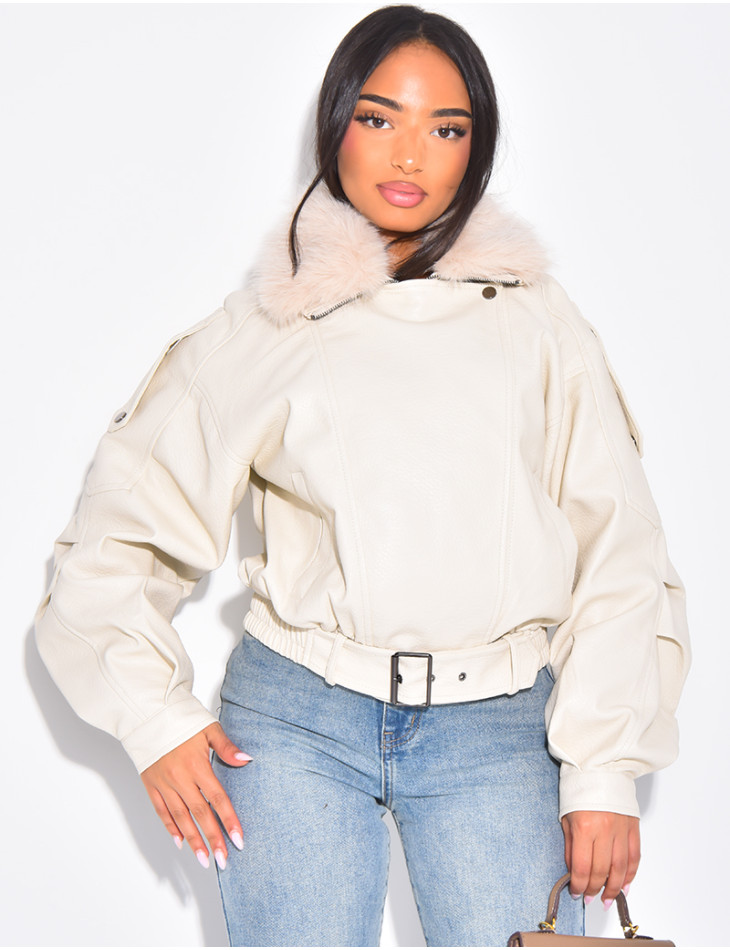 Blouson aviateur en similicuir à col fourrure amovible