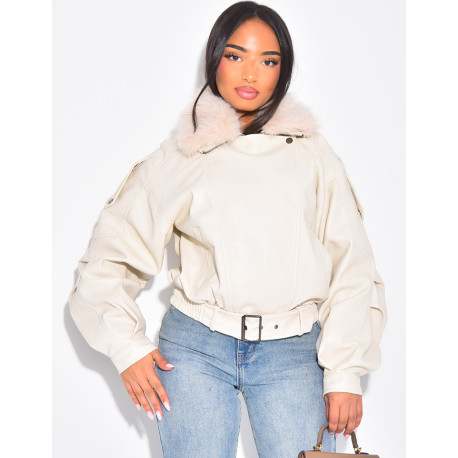 Blouson aviateur en similicuir à col fourrure amovible