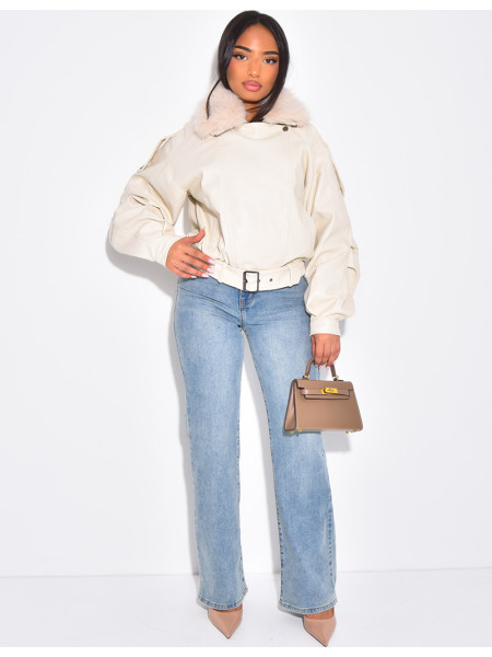 Blouson aviateur en similicuir à col fourrure amovible