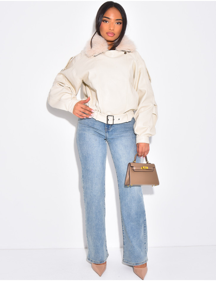 Blouson aviateur en similicuir à col fourrure amovible