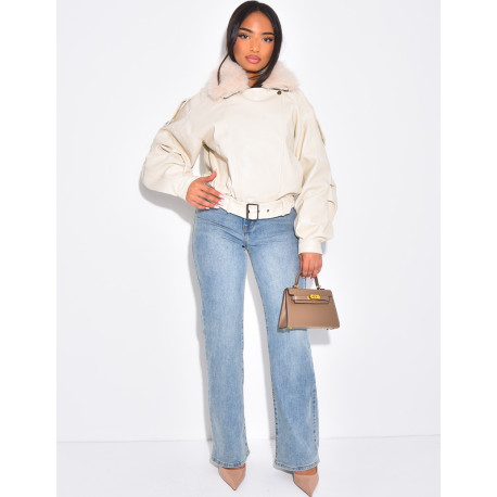 Blouson aviateur en similicuir à col fourrure amovible