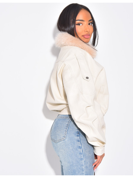 Blouson aviateur en similicuir à col fourrure amovible