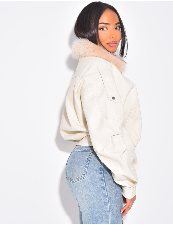 Blouson aviateur en similicuir à col fourrure amovible