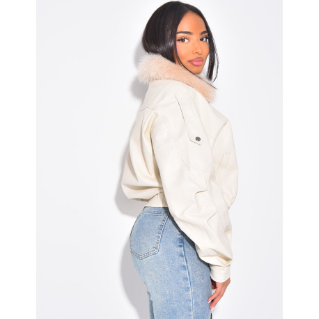 Blouson aviateur en similicuir à col fourrure amovible