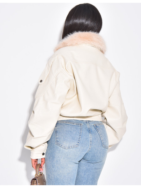 Blouson aviateur en similicuir à col fourrure amovible