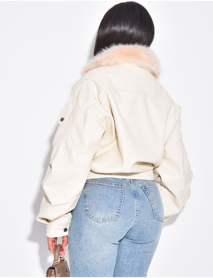 Blouson aviateur en similicuir à col fourrure amovible