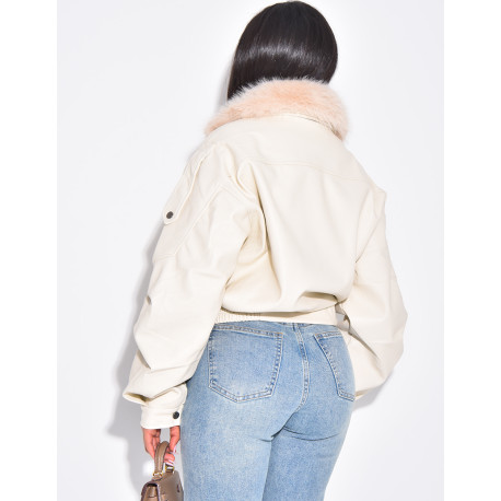 Blouson aviateur en similicuir à col fourrure amovible