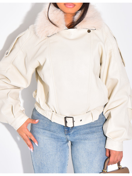 Blouson aviateur en similicuir à col fourrure amovible