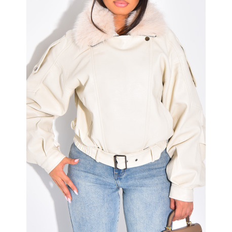 Blouson aviateur en similicuir à col fourrure amovible