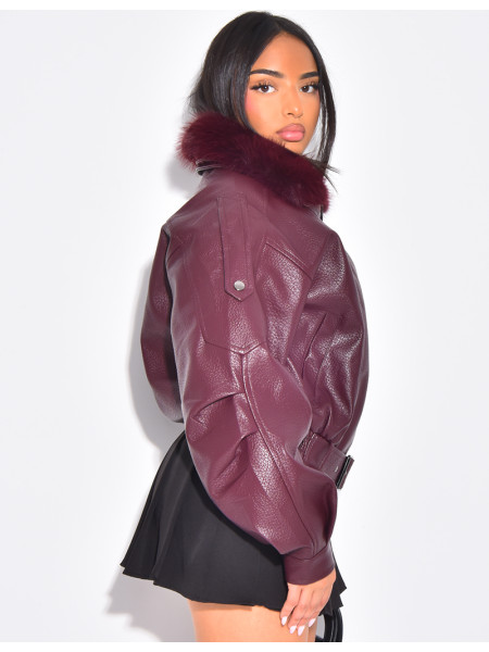 Blouson aviateur en similicuir à col fourrure amovible