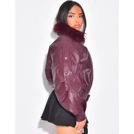 Blouson aviateur en similicuir à col fourrure amovible