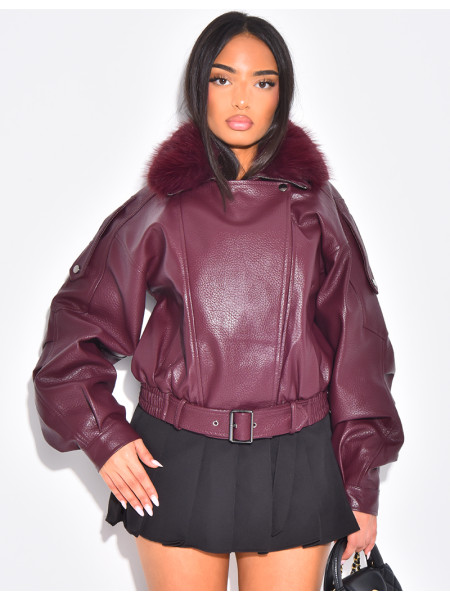 Blouson aviateur en similicuir à col fourrure amovible