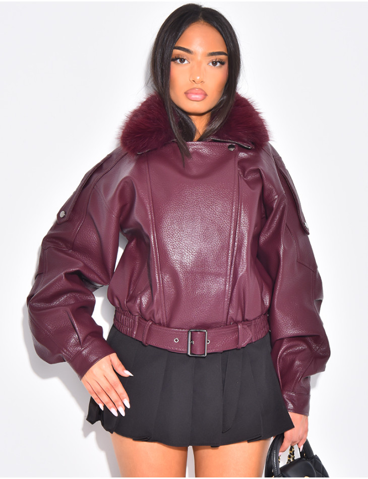 Blouson aviateur en similicuir à col fourrure amovible