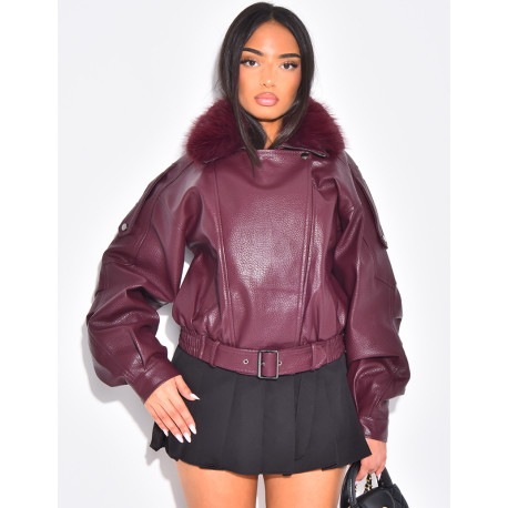 Blouson aviateur en similicuir à col fourrure amovible