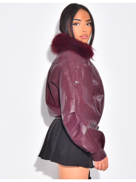 Blouson aviateur en similicuir à col fourrure amovible