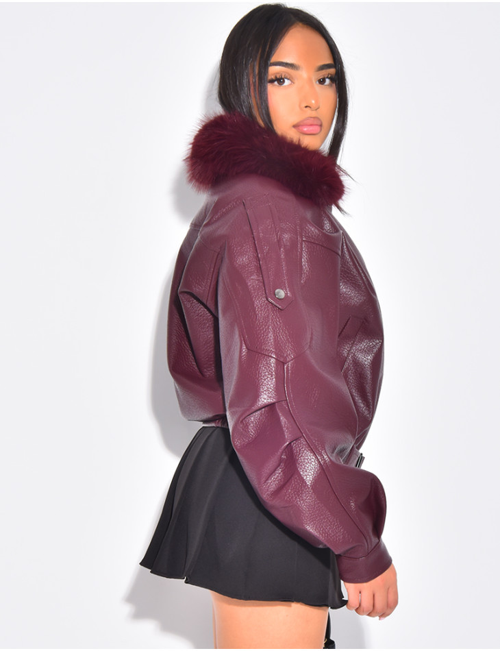 Blouson aviateur en similicuir à col fourrure amovible