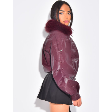 Blouson aviateur en similicuir à col fourrure amovible