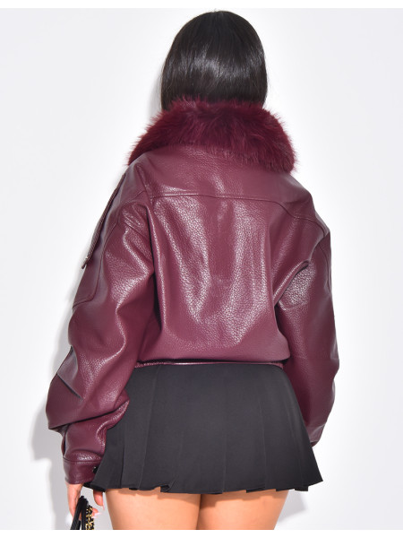 Blouson aviateur en similicuir à col fourrure amovible