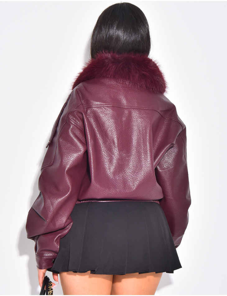 Blouson aviateur en similicuir à col fourrure amovible